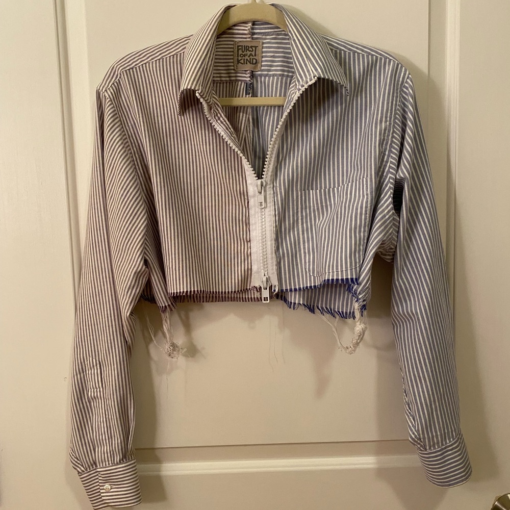LF button up crop raw hem two tone zipper shirt
